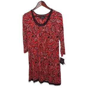 Ellen Tracy Women Small Paisley Print 3/4 Sleeve Dress Black Red Lace Trim